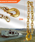 Two Pack Three Eighths Inch By Thirty Five Inch Grade 70 Trailer Safety Chains With Clevis Grab Hooks On Each End For Heavy Duty Cargo Securing 24,500 Lbs Working Load Limit shown with dimensions and RV in background
