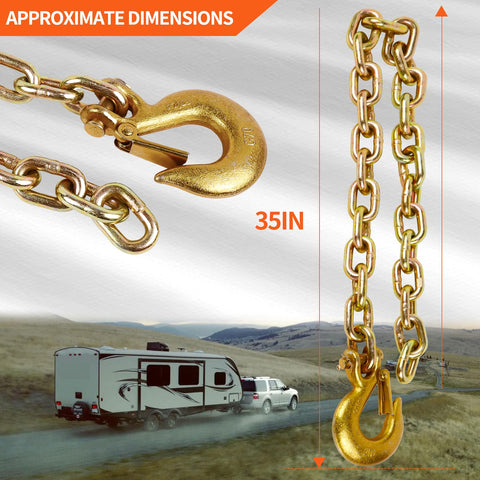 Two Pack Three Eighths Inch By Thirty Five Inch Grade 70 Trailer Safety Chains With Clevis Grab Hooks On Each End For Heavy Duty Cargo Securing 24,500 Lbs Working Load Limit shown with dimensions and RV in background