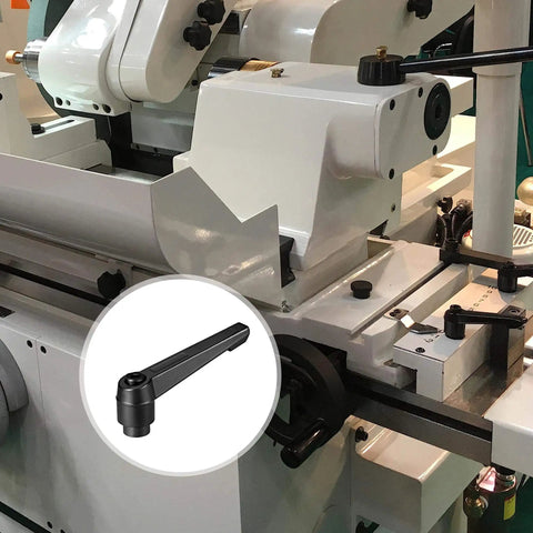 M10 Quick Release Push Button Ratchet Lever Adjustable Clamping Handle Female Threaded Stud Heavy Duty Metal Toggle, shown on machine.