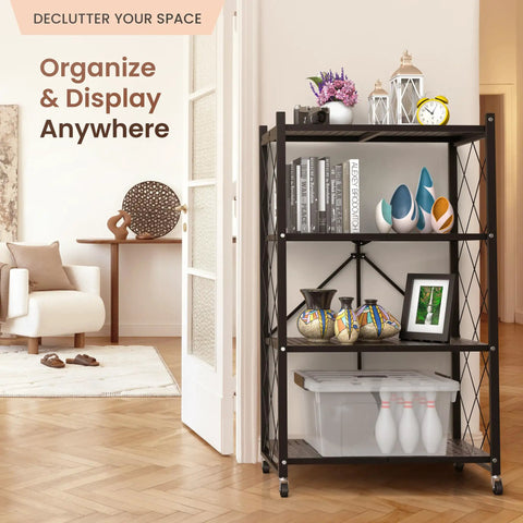 4 Tier Foldable Storage Shelf On Wheels Easy Grab And Go Rolling Cart For Books And Pantry Compact Metal Rack Shelving Display