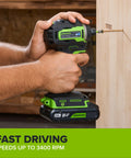 Gnarly 24V Brushless Cordless Impact Driver With Badass 1950 Inch Pound Torque And Fast Swap Hex Collet Two Point Zero Amp Hour Battery Paired With Lightning Fast Usb Charger And Reinforced Braided Cable Built Tough in use, driving a screw into wood.