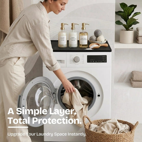 Set Of Two 25X25 Inch Washer And Dryer Top Protector Mats To Keep Your Laundry Space Straight Up Slick With Durable Nonslip Surface And Spacious Flat Shelf on top of a washer.