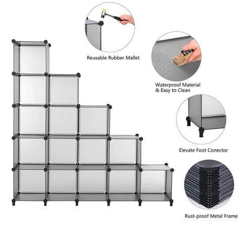 16 Cube Storage Organizer Cubby Shelving for Living Room and Kids Toys Craft Supplies Yarn Art Projects with Durable Gray Finish and Included Rubber Hammer