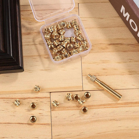 50 Pcs Dope 3D Printing Brass Nuts M5 Threaded Inserts Heat Set Tip Kit With Soldering Adapter displayed on wood surface