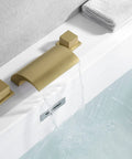 Waterfall Tub Faucet With 3 Hole Deck Mount Brushed Gold Finish for Roman Tubs high flow 14.19 GPM at 60 PSI delivers dramatic spa vibe