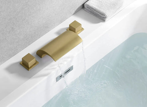 Waterfall Tub Faucet With 3 Hole Deck Mount Brushed Gold Finish for Roman Tubs high flow 14.19 GPM at 60 PSI delivers dramatic spa vibe