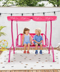 Two Seat Kids Porch Swing With Adjustable Canopy And Safety Belts Outdoor Lounge Chair On Metal Stand Two Seater Hanging Swing Bench For Backyard Patio Lawn Garden Mermaid Pink Fun in use with two kids sitting.