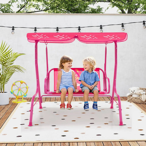 Two Seat Kids Porch Swing With Adjustable Canopy And Safety Belts Outdoor Lounge Chair On Metal Stand Two Seater Hanging Swing Bench For Backyard Patio Lawn Garden Mermaid Pink Fun in use with two kids sitting.