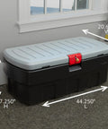 Heavy Duty 48 Gallon Plastic Storage Bin With Two 8 Gallon Nested Lockable Boxes And Secure Fitting Lids side view showing dimensions and sturdy design.