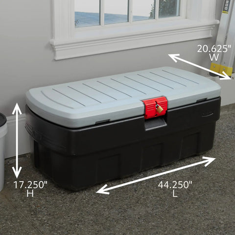 Heavy Duty 48 Gallon Plastic Storage Bin With Two 8 Gallon Nested Lockable Boxes And Secure Fitting Lids side view showing dimensions and sturdy design.