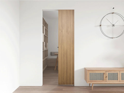 Installed view of Commercial Grade Pocket Door Hardware And Track Set For 8 Foot Sliding Doors Aluminum Box Track System with 92 Inch Rails