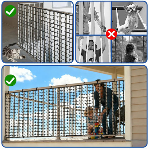 Durable Knotless Polyester Safety Net for Kids and Pets on balcony guard rail, ensuring protection outdoors, 3x10FT netting.