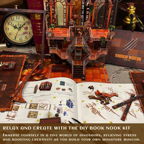 Dinosaur Museum 3D Wooden Puzzle With LED Lights For Bookshelf Decor DIY Craft displayed on desk with instruction manual.