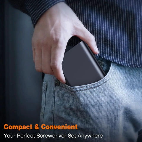 Person placing Grab And Go 27 In 1 Magnetic Precision Screwdriver Set into jeans pocket, showcasing compact design.