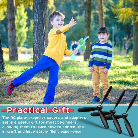 Two children with toy plane, overlay shows Six Spare 3 Blade RC Plane Propellers With Savers And Adapters For P40 Fighter