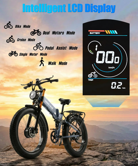 Intelligent LCD display features for Badass Dual Motor Electric Bike For Adults Built Tough For Everyday Cruisin With 3000W Peak Power.