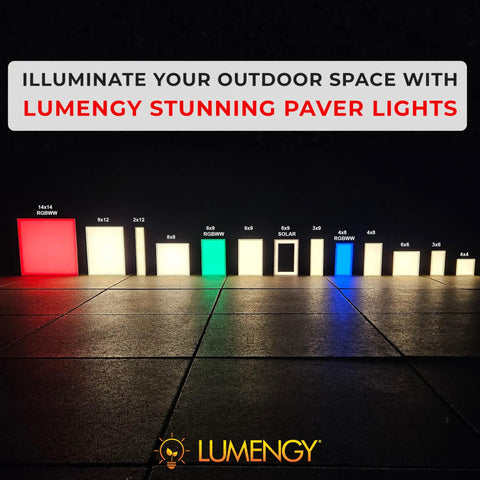 Display of various sizes of 6x6 Inch Paver Light 2700K Warm White Glare-Free Brick Lighting for driveways and patios.