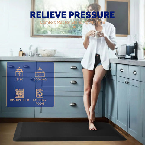 Extra Thick Anti Fatigue Desk Mat For Standing With Memory Foam, Ergonomic Comfort For Home And Office All Day, Large 20 By 59 Inch Black Standing Mat With Cushioned Support For Feet, Knees And Lower Back displayed in kitchen setting.