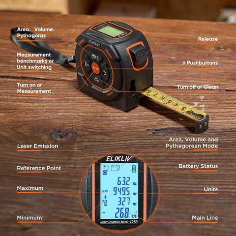 2 In 1 Laser Distance Meter And 16 Foot Auto Lock Digital Tape Measure For Quick One Handed Measurements A Real Workhorse For Wide Area Scans And Tight Corners 197 Ft Laser Range And 16 Ft Auto Locking Tape For Builders And DIYers on wood surface
