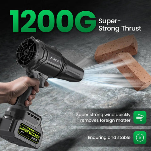 Cordless Leaf Blower Turbo Power 980,000 RPM With Two 4.0Ah Batteries showing strong wind against bricks