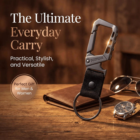 Dope Built Tough Heavy Duty Keychain Bottle Opener With Carabiner Clip And Key Ring resting on a wooden surface