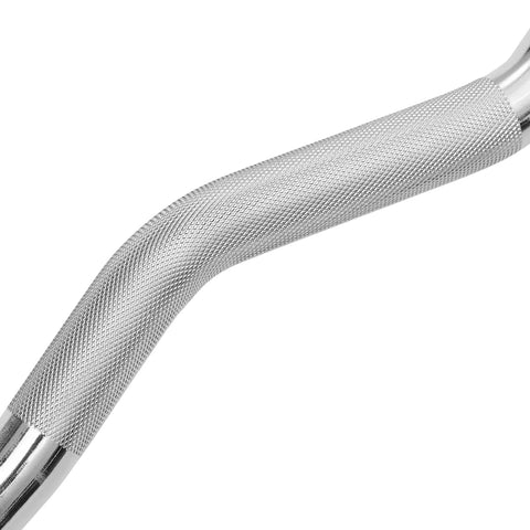 Close-up of Rubber Fixed EZ Curl Barbell 70 Lb Pre Loaded Weight For Strength Training And Weightlifting, textured steel grip