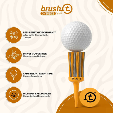 Brush-T golf tee with ball showing features like less resistance, farther drives, consistent height, and ball marker