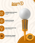 Image displaying features of Orange Oversize 3-Pack Golf Tees, 2.4 Inch, Unbreakable Design with golf ball and marker.