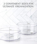 Two Pack Lazy Susan Turntables Clear Acrylic Carousel Storage shown in two sizes on marble backdrop
