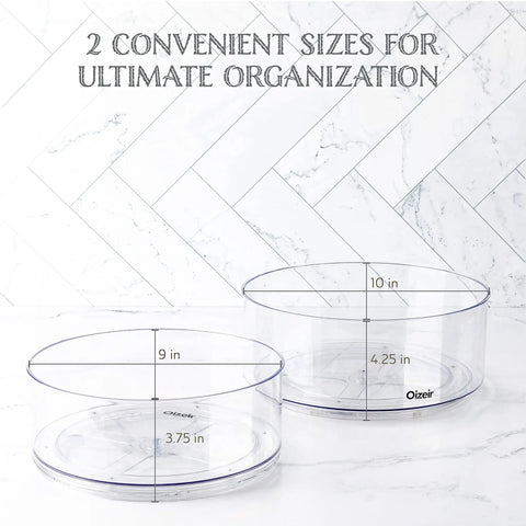 Two Pack Lazy Susan Turntables Clear Acrylic Carousel Storage shown in two sizes on marble backdrop