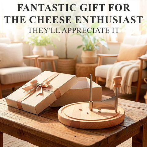 Rose Shaped Cheese Cutter Shaver For Semi Hard Cheeses on wooden table, open gift box nearby, cozy living room setup