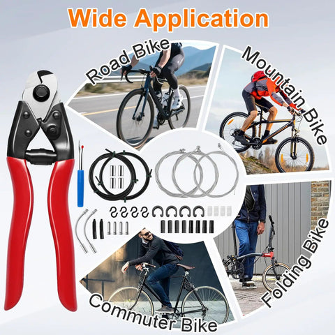 Pro Grade All In One Bike Cable Kit With Stainless Steel Cable Cutter Brake And Shifter Cables Housing Set End Caps Copper Sleeves And ORings For MTB And Road Bikes Repair Easy Upgrade displayed with cycle types and tools.