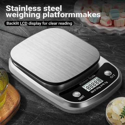 Compact Digital Kitchen Scale For Precise Weighing In Grams And Ounces, 3000g Capacity With 0.1 g And 0.01 Oz Increments, stainless steel