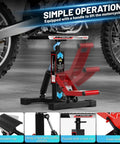 Beefy Dirt Bike Stand With 1000 Lb Hydraulic Lift Jack Hoist Table in use for dirt bike maintenance, side view with features.