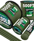Assorted spools of 1200 Lb Paracord Rope 4.4mm Nylon Parachute Cord in Army Green for outdoor survival and DIY projects.