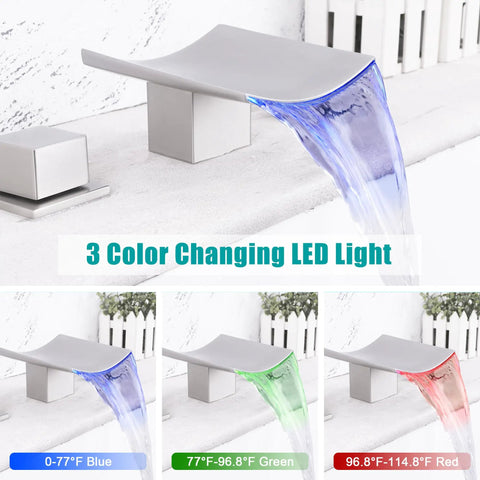 Brushed Nickel 8-Inch Widespread LED Waterfall Bathroom Faucet, 3-Color Changing Light, 3-Hole Deck-Mount Display