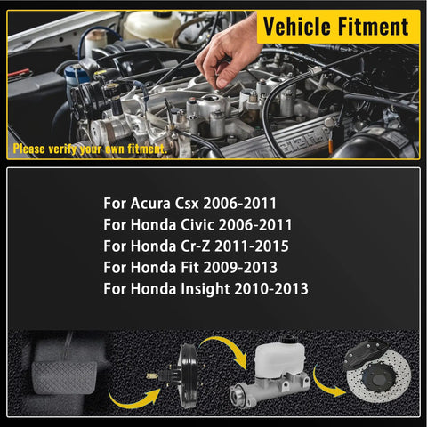 Rugged Vacuum Power Brake Booster Assembly For Honda Civic Acura Csx Fit CR Z And Insight highlighted with vehicle fitment details.
