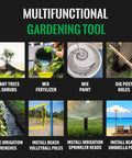 Multifunctional gardening tool uses for planting trees, mixing fertiliser, digging post holes, and more.