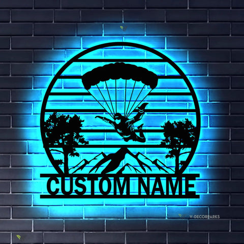 Paragliding Metal Wall Art With LED Lights Custom Name Sign For Home Decor Welcome Sign Parachute Themed Wall Accent Outdoor Friendly
