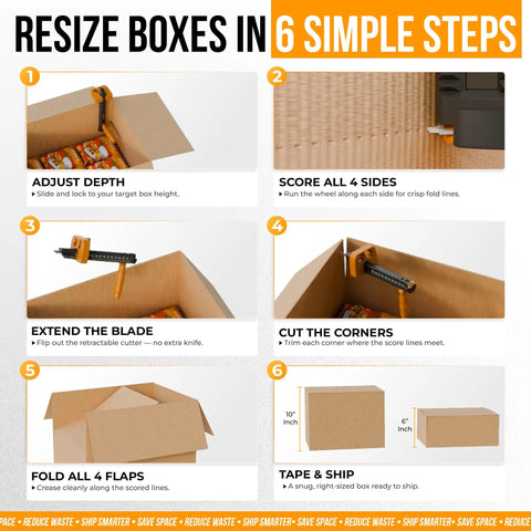 Pro All In One Box Resizer Tool With Adjustable Depth Guide Cardboard Cutter And Scoring Wheel For Quick Ship Ready Box Prep Packaging And Online Seller Needs, box resizing steps graphic