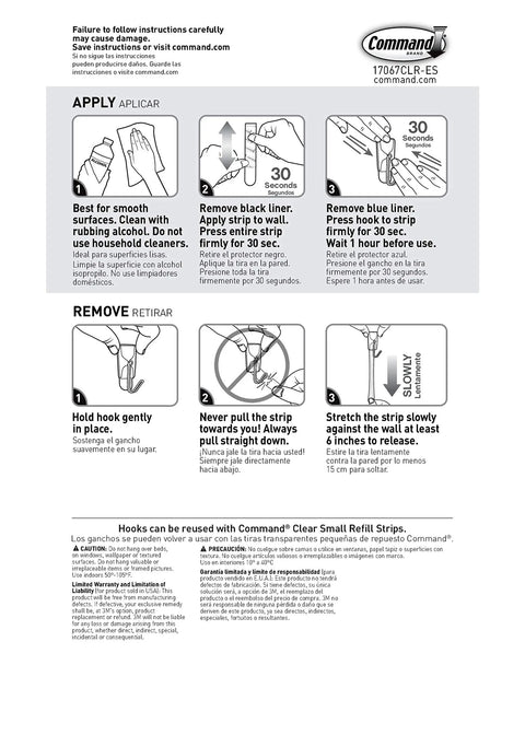 Instruction steps for applying and removing Damage Free Hanging Wall Hooks For Small Decor Clear Wire Toggle Hooks With Adhesive Strips