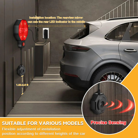 Adjustable Garage Parking Sensor With LED Display Black No Guesswork Parking Ultrasonic Distance Meter From 6 Inches To 6 Feet For Pinpoint Parking, Easy Setup With Adhesive Or Anchors, Great For Compact Cars, SUVs, And Trucks. Wall-mounted black ultrasonic sensor with LED stop display beside a parked SUV