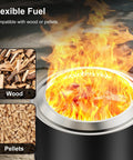 27 Inch Smokeless Outdoor Fire Pit With Water Resistant Cover And Poker Portable Stainless Steel Wood Burning Fireplace showing flexible fuel options with wood and pellets.