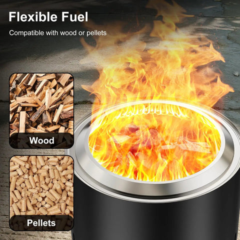 27 Inch Smokeless Outdoor Fire Pit With Water Resistant Cover And Poker Portable Stainless Steel Wood Burning Fireplace showing flexible fuel options with wood and pellets.