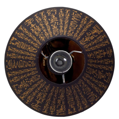 Top view of Anubis Table Lamp Statue With Shade, showing intricate hieroglyphs on faux gold and ebony black finish shade.