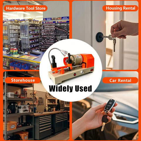 Heavy Duty Metal Cutter 110V for hardware stores with brass motor, depicted in diverse usage settings like tool stores and rentals.