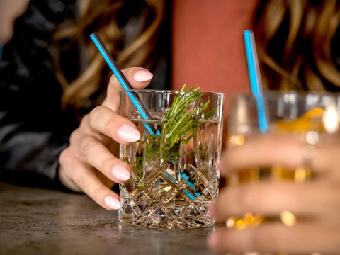 Jumbo Cocktail Straws Black With Blue Stripe 5.75 Inches Wrapped 6000 Count Compostable Marine Biodegradable Non Toxic Made In USA 6 Pack Eco Friendly Barware For Parties And Backyard Hangouts in cocktail glass