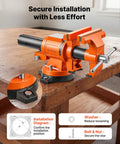 Heavy Duty Bench Vise In Beast Mode With 6 Inch Jaw Width, Double Swivel Rotating Head, Locking Base For Garage Upgrades on a wooden table, showing installation details.