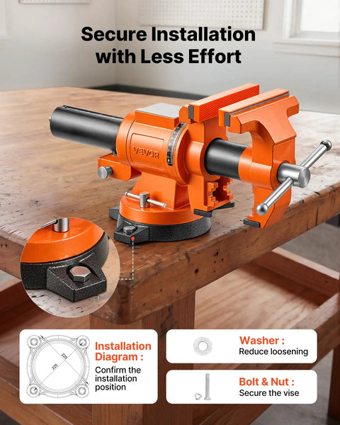 Heavy Duty Bench Vise In Beast Mode With 6 Inch Jaw Width, Double Swivel Rotating Head, Locking Base For Garage Upgrades on a wooden table, showing installation details.
