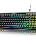 94 Key Wired RGB Gaming Keyboard Delivering Crisp Mechanical Feel And Snappy Anti Ghosting Action Alongside Four Custom Macro Keys And Large Numpad For A Truly Squad Approved Desk Setup at an angle, showcasing key layout and RGB lighting.